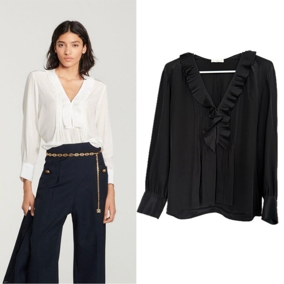 Sandro Silk Black Pleated Ruffle V-Neck 3/4 Sleeve Blouse Sz 2 Us M (8-10)